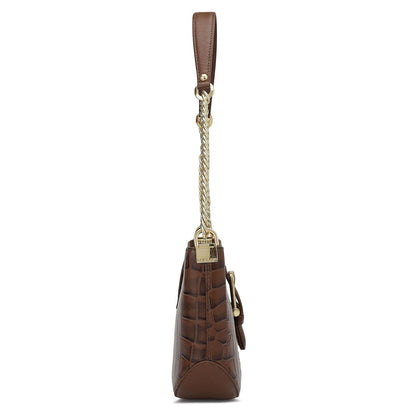Small Croco Leather Baguette - Brown