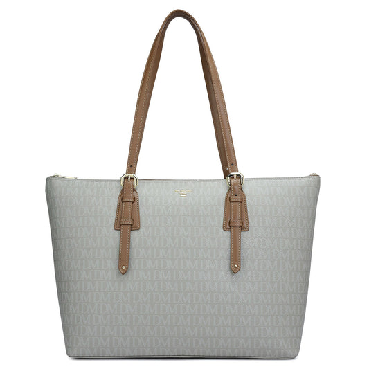 Large Monogram Leather Tote - Stone Grey