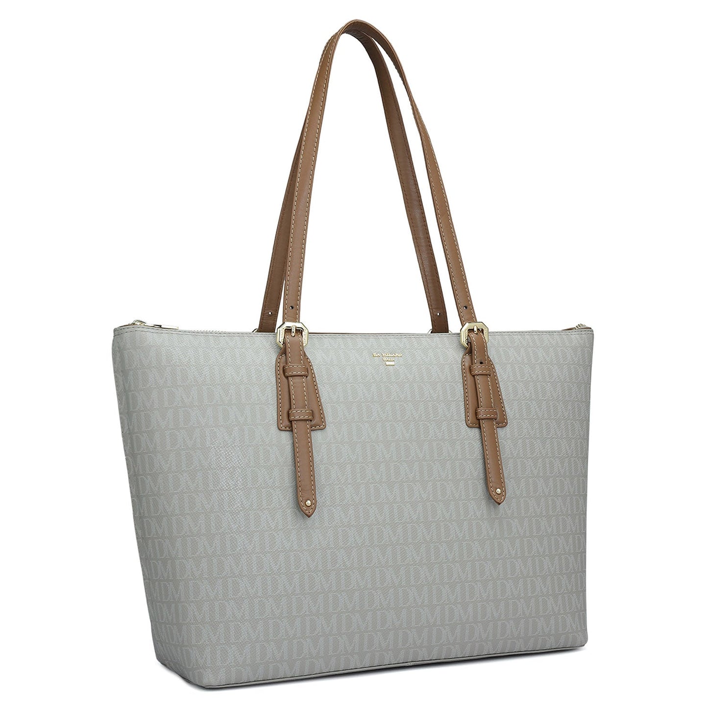 Large Monogram Leather Tote - Stone Grey