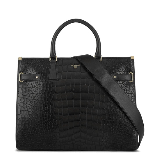 Large Croco Franzy Leather Satchel - Black
