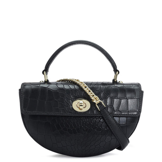 Small Croco Leather Satchel - Black