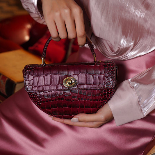 Small Croco Leather Satchel - Wine