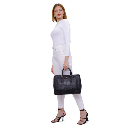 Large Croco Franzy Leather Satchel - Black