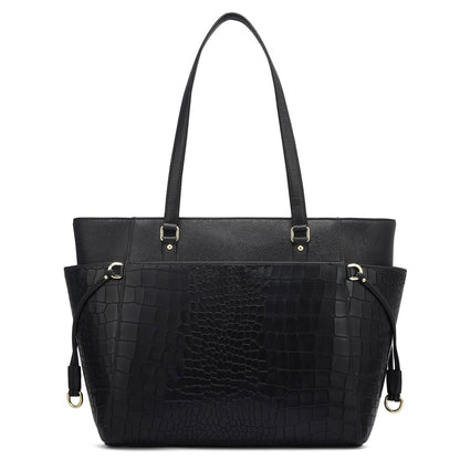 Medium Croco Franzy Leather Shoulder Bag - Black