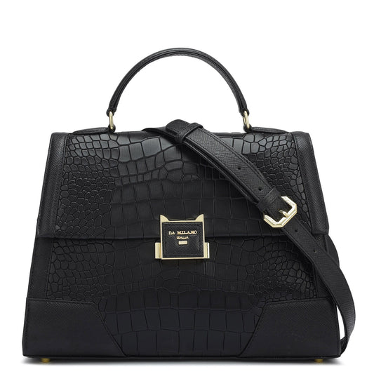 Medium Croco Franzy Leather Satchel - Black