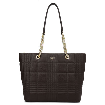 Medium Wax Stripe Leather Tote - Dark Brown