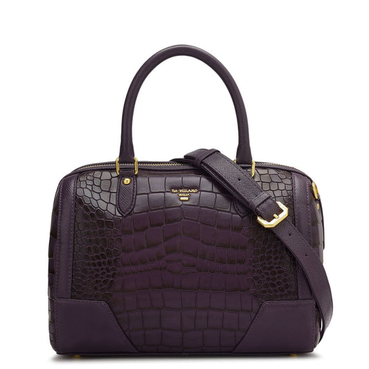 Medium Croco Franzy Leather Satchel - Grapevine
