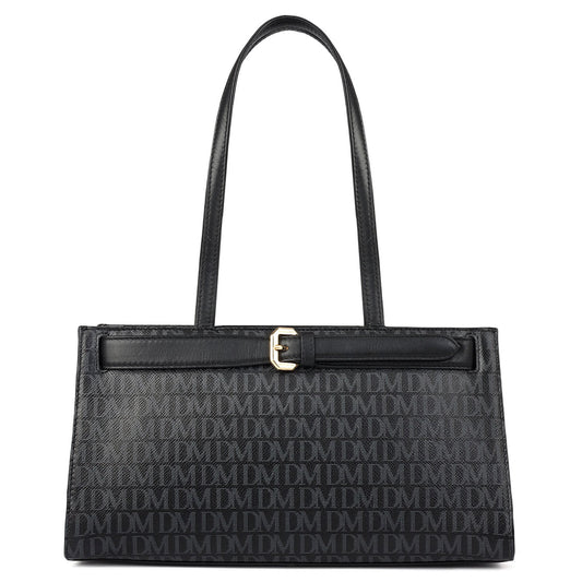 Siena Monogram Leather Shoulder Bag - Black