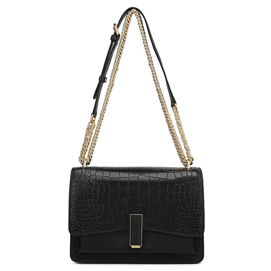 Small Croco Franzy Leather Shoulder Bag - Black