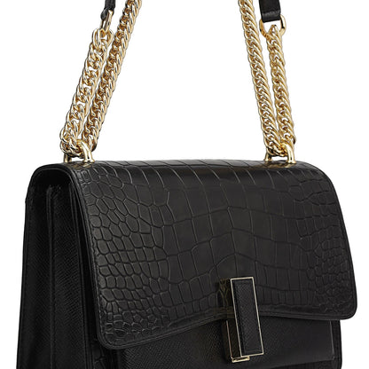 Small Croco Franzy Leather Shoulder Bag - Black