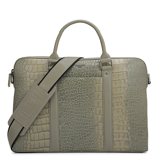 Croco Leather Laptop Sleeve - Stone Grey